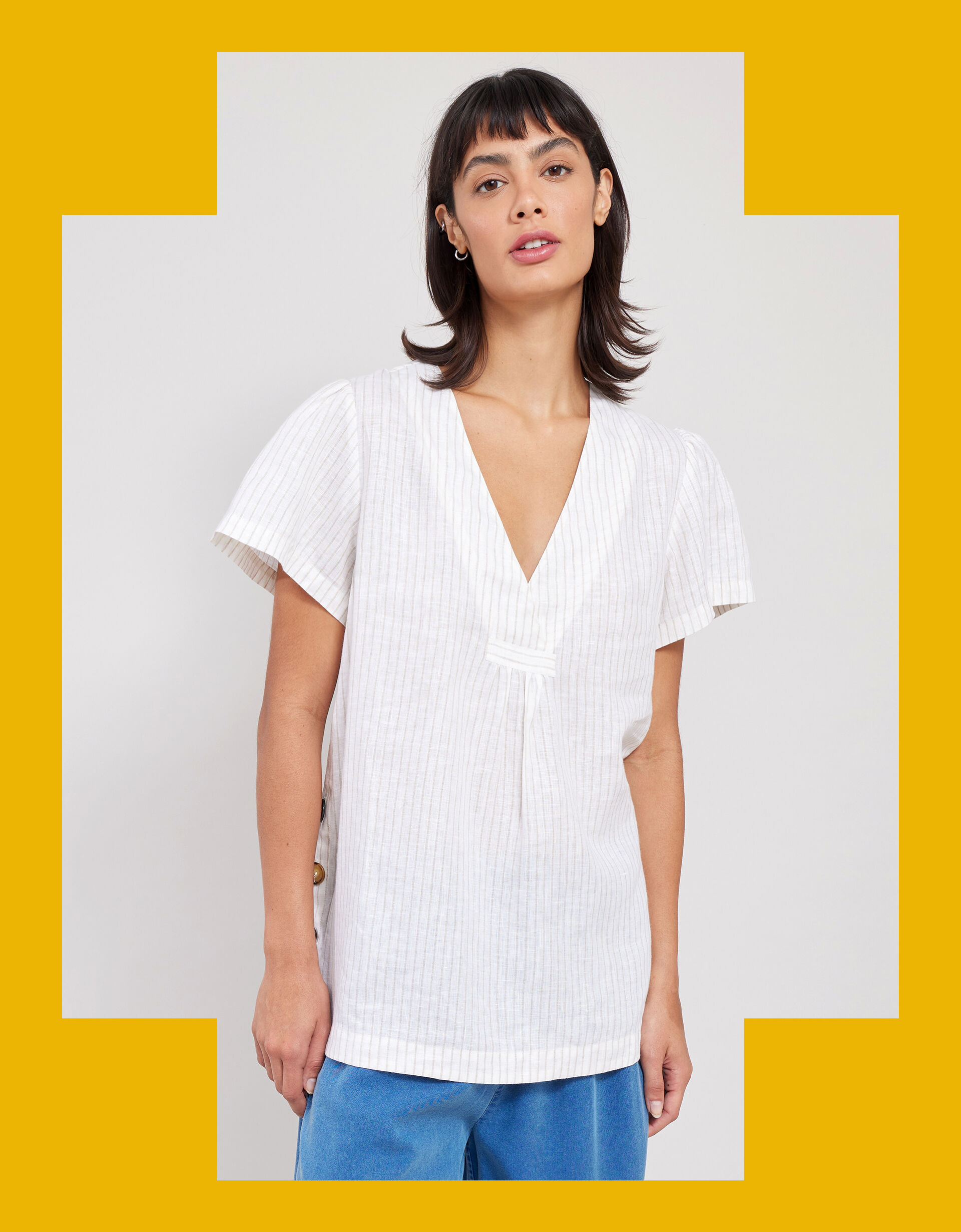 East Zahra Pinstripe Linen-Blend Top Natural