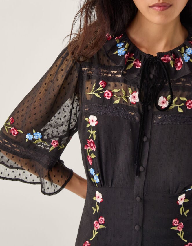 Alyssa Floral Embroidered Lace Midi Dress, Black (BLACK), large
