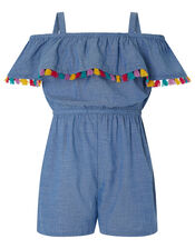 Charlie Chambray Playsuit with Tassels, Blue (BLUE), large