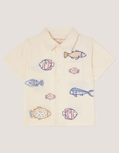 Embroidered Fish Short Sleeve Shirt, Ivory (IVORY), large
