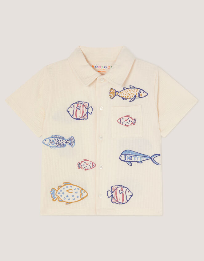 Embroidered Fish Short Sleeve Shirt, Ivory (IVORY), large