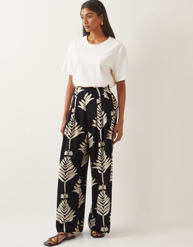 Pamela Leaf Print Wide Leg Trousers, Black (BLACK), large