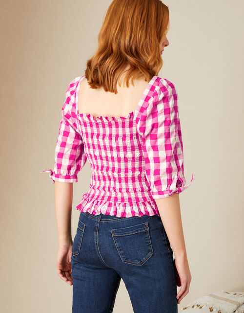 Gingham Check Shirred Bodice Top, Pink (PINK), large