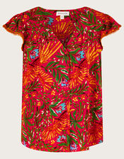 Leaf Print Jersey Top in Linen Blend, Red (RED), large