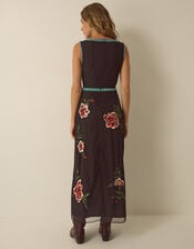 Luna Sleeveless Floral Embellished Mesh Midi Dress, Black (BLACK), large