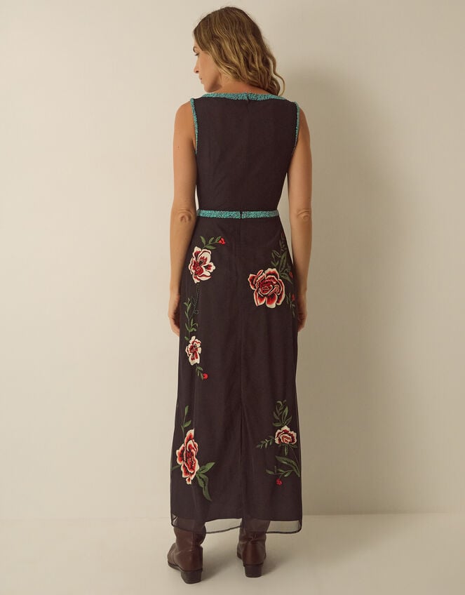 Luna Sleeveless Floral Embellished Mesh Midi Dress, Black (BLACK), large