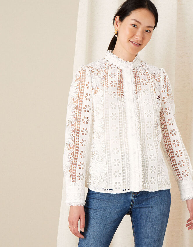 Tracey High Neck Lace Blouse, Ivory (IVORY), large