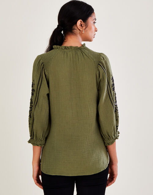 Embellished Double Faced Smock Top, Green (KHAKI), large