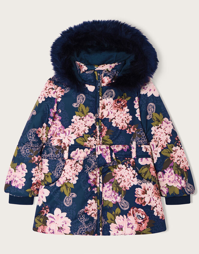 Muted Floral Padded Coat, Blue (NAVY), large