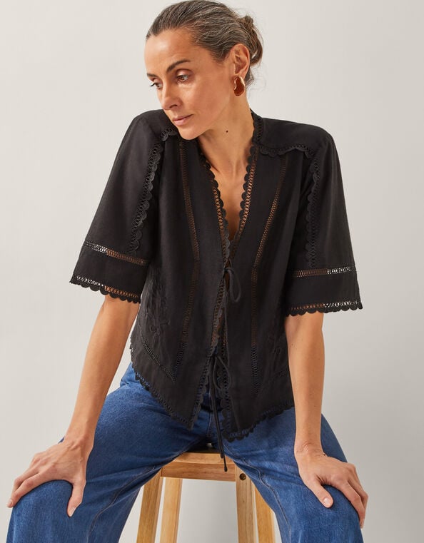 Hayley Embroidered Linen Blend Tie Top, Black (BLACK), large