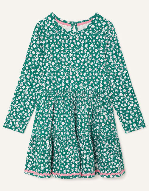 Floral Long Sleeve Jersey Dress, Green (GREEN), large