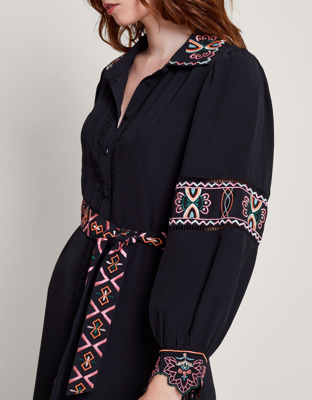 Black embroidered shirt dress discount