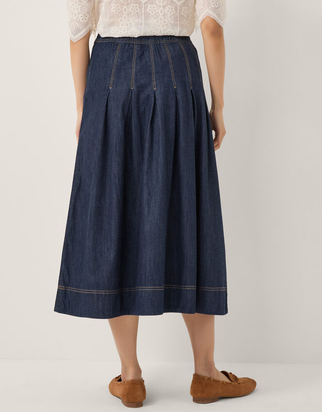 Darcie Pleated Denim Midi Skirt, Blue (INDIGO), large