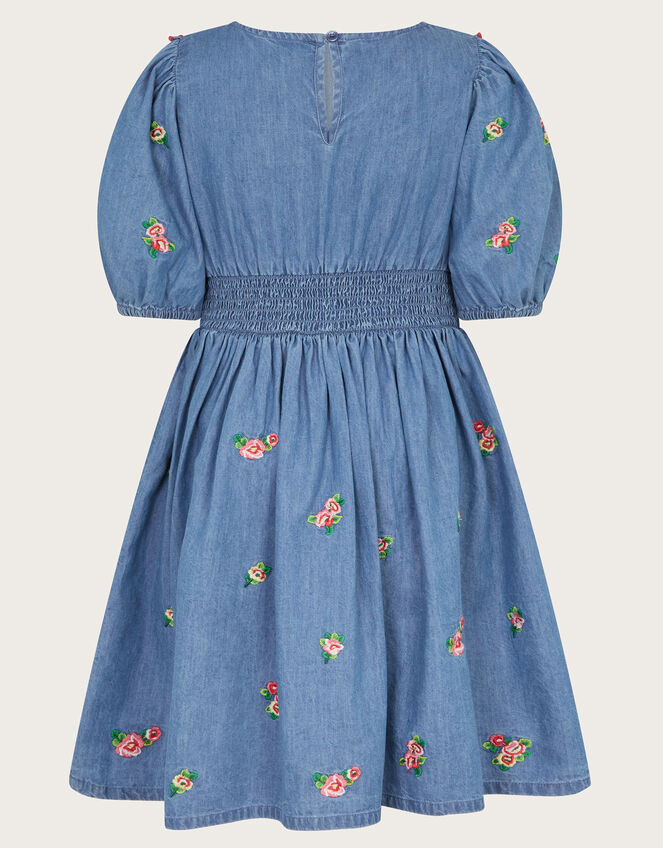 Floral Embroidered Chambray Dress, Blue (BLUE), large