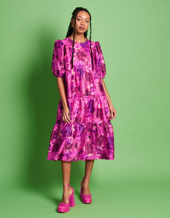 Crās Puff Sleeve Floral Tiered Midi Dress, Pink (PINK), large