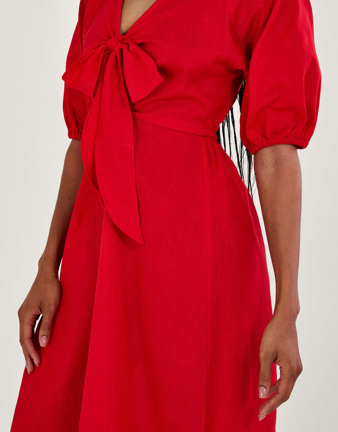 Inez Plain Tie Front Midi Dress, Red (RED), large