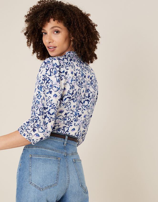 Francine Floral Blouse in Pure Linen, Blue (BLUE), large