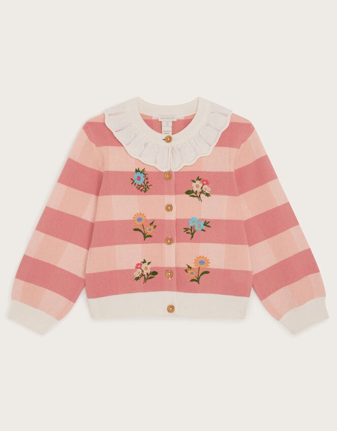 Knit Check Frill Collar Cardigan, Orange (CORAL), large