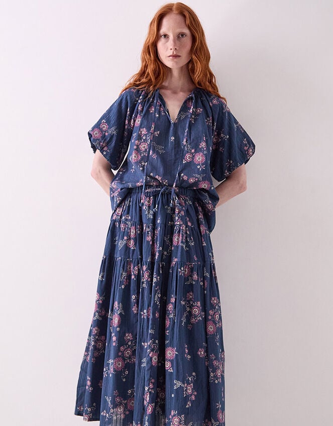 East Layla Floral Print Cotton Top, Blue (BLUE), large