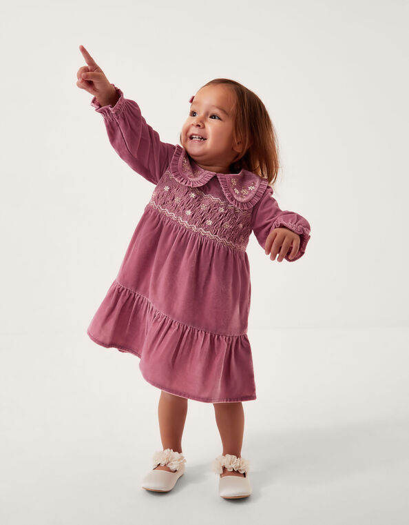 Baby Floral Embroidered Velvet Dress, Pink (PINK), large