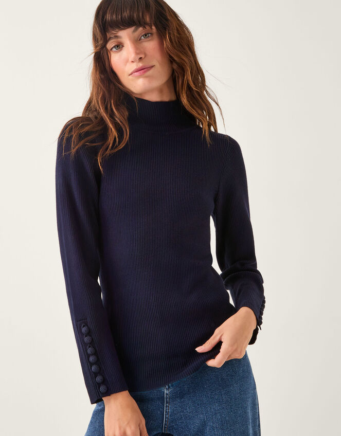 Ruby Ribbed Polo Neck Jumper Blue