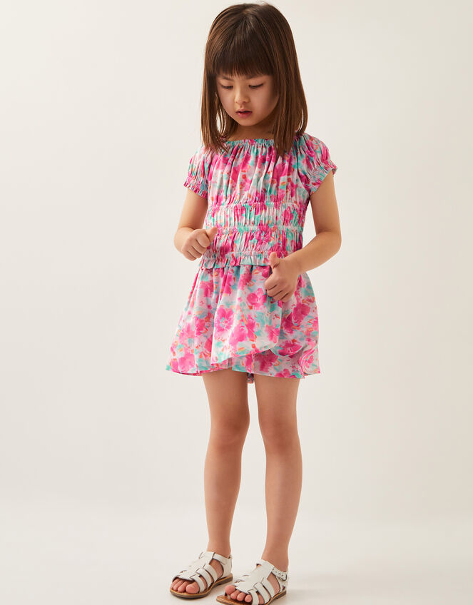 Tropical Floral Shirred Top and Skort Set, Pink (PINK), large