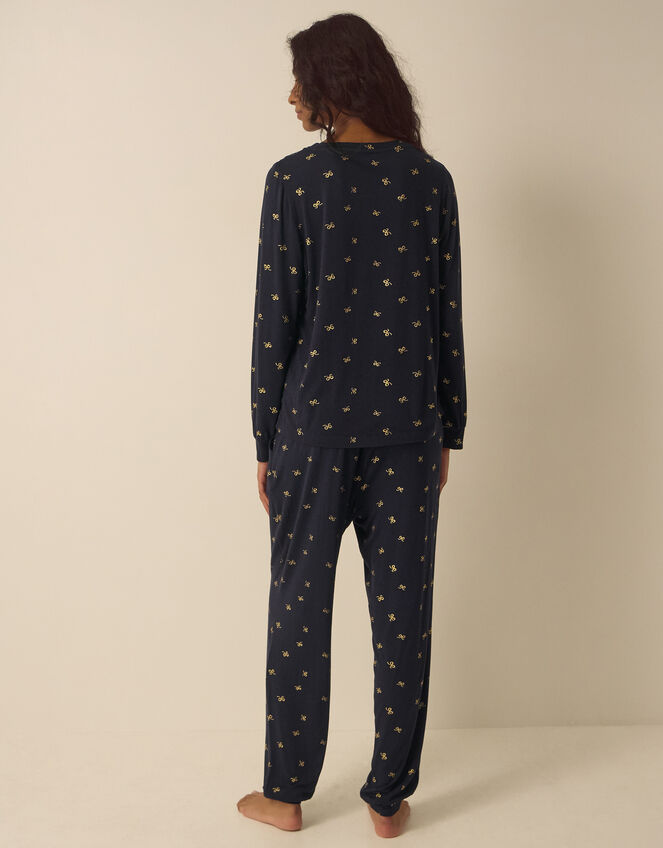 Betsy Foil Bow Jersey Long Pyjamas Set, Blue (NAVY), large