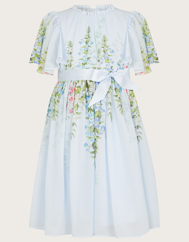Hyacinth Print Angel Sleeve Dress, Blue (BLUE), large