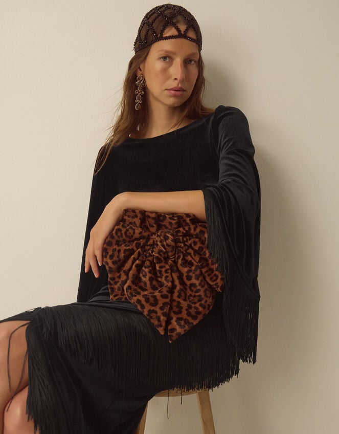 Tara Long Sleeve Fringe Velvet Midi Dress, Black (BLACK), large