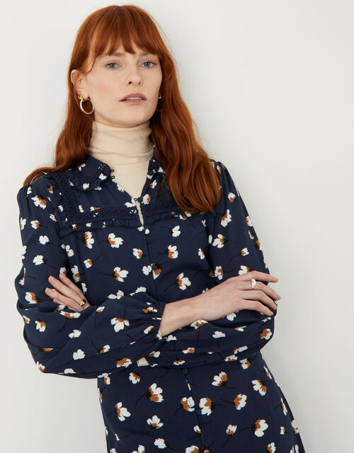 Floral Print Shirt Dress with LENZING™ ECOVERO™, Blue (NAVY), large