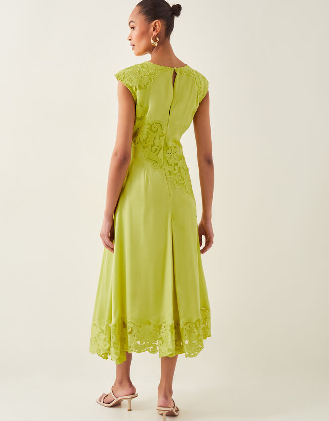 Ingrid Embroidered Satin Midi Dress, Green (CHARTREUSE), large