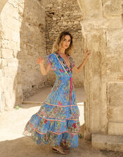 Piti Cuiti Paisley Print Tiered Maxi Dress, Blue (BLUE), large