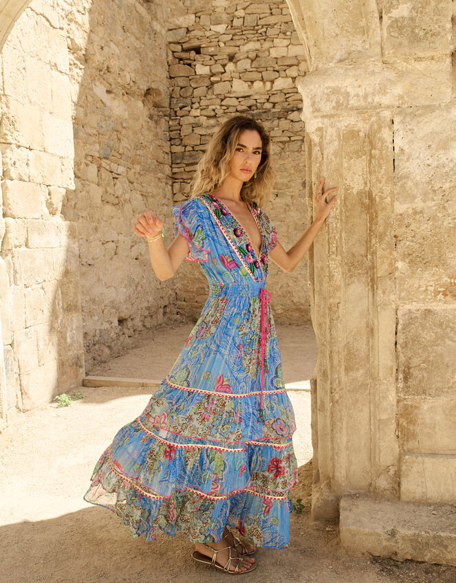 Piti Cuiti Paisley Print Tiered Maxi Dress, Blue (BLUE), large