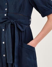 Cutwork Detail Tiered Dress in Linen Blend, Blue (NAVY), large