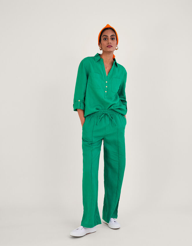 Linen Wide Leg Pull On Trousers Green | Trousers & Leggings | Monsoon UK.