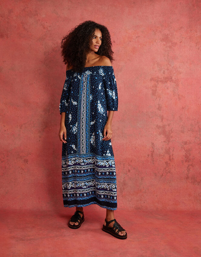 Printed Shirred Off-Shoulder Dress in LENZING™ ECOVERO™, Blue (NAVY), large