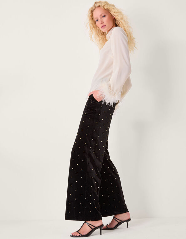 Emma Embellished Velvet Wide Leg Trousers, Black (BLACK), large