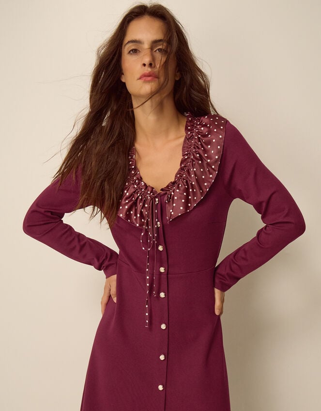 Jaz Polka Dot Collar Jersey Midi Dress, Red (BERRY), large