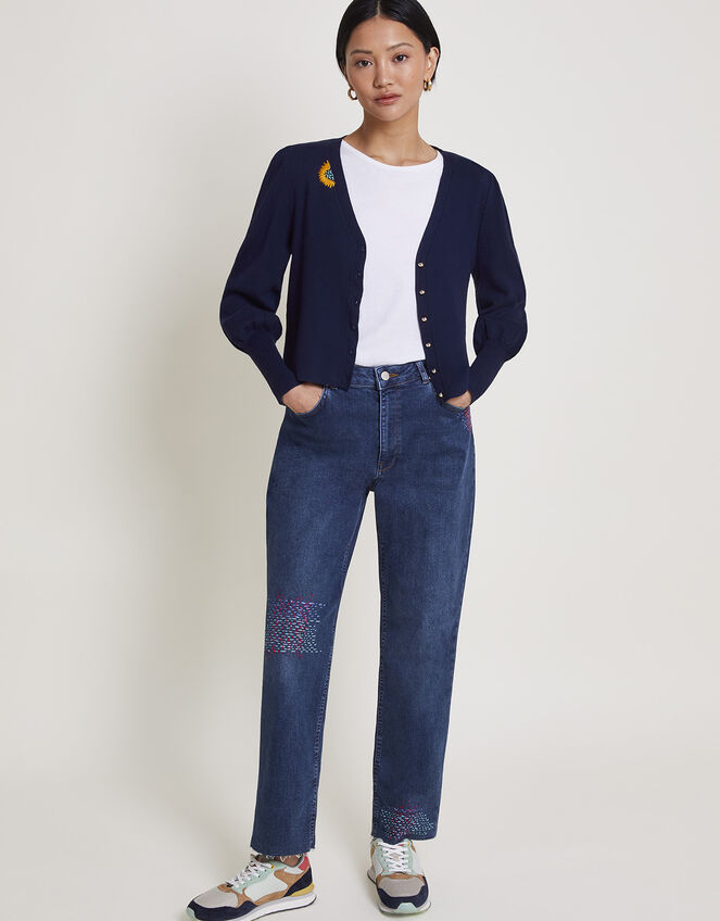 Ellie Upcycled Embroidered Cardigan, Blue (NAVY), large