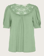 Crochet Frill Sleeve Top in Linen Blend, Green (KHAKI), large