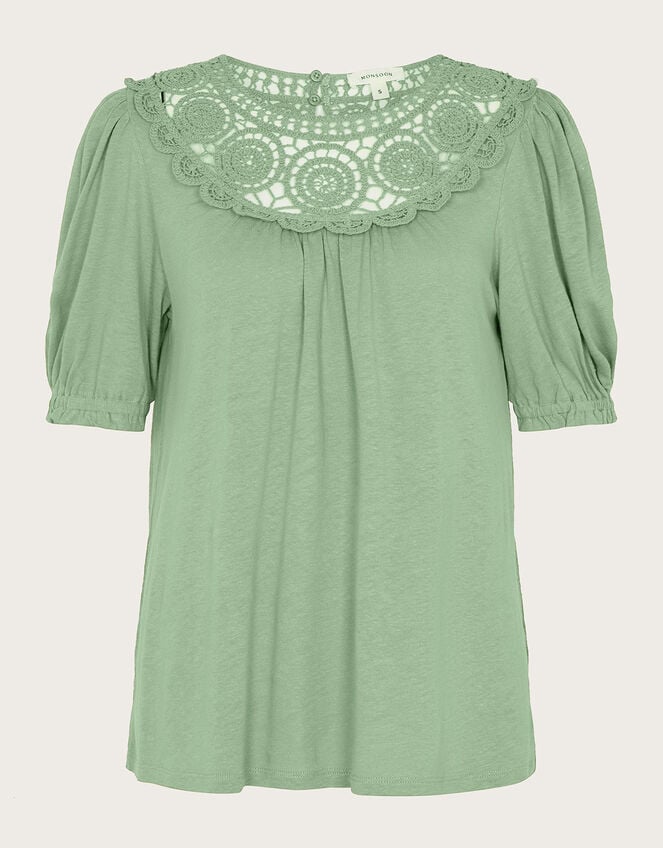 Crochet Frill Sleeve Top in Linen Blend, Green (KHAKI), large