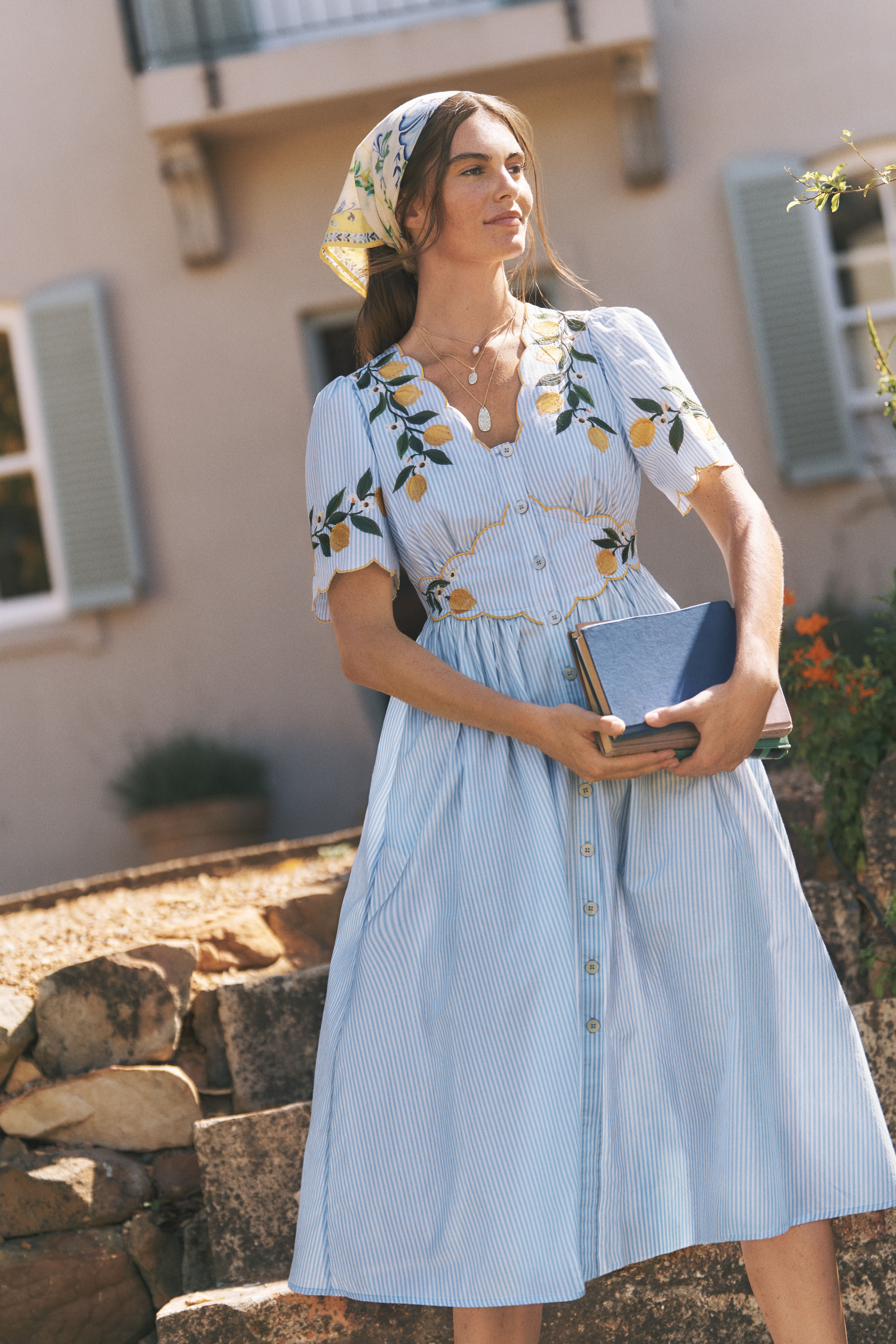 Marisol Lemon Embroidered Stripe Midi Dress Blue | Day Dresses