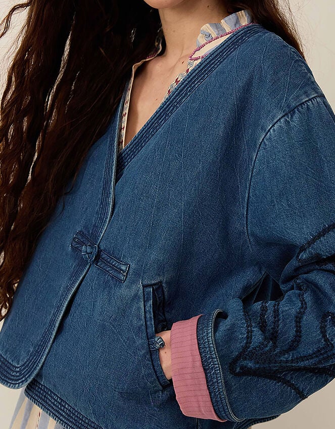 East Juna Denim Botanical Embroidered Jacket, Blue (BLUE), large