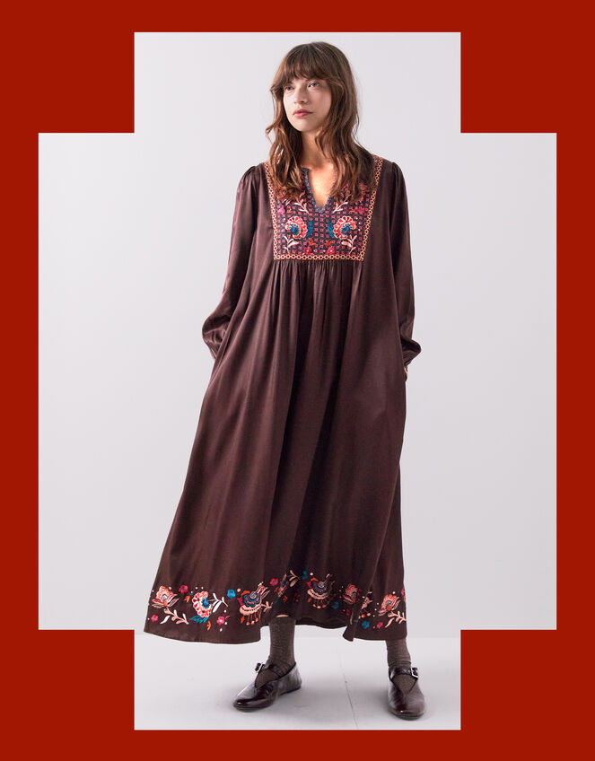 East Eliana Embroidered Long Sleeve Midi Dress, Brown (BROWN), large