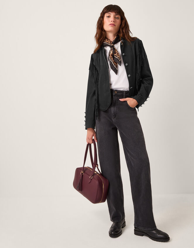 Salome Fringe Faux Suede Jacket Black