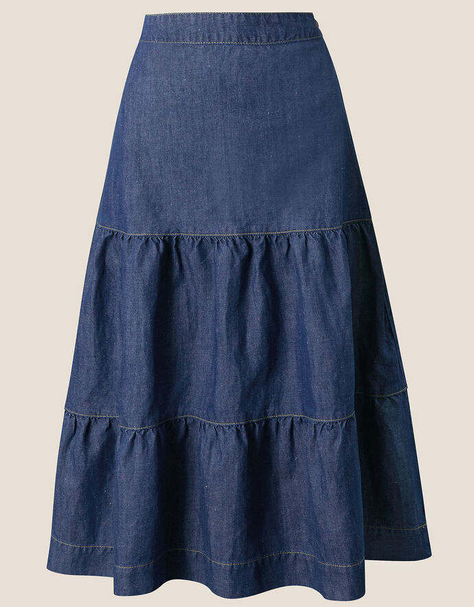 Hemp Denim Tiered Midi Skirt Blue Skirts Monsoon UK.