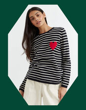 Chinti & Parker Heart Stripe Wool Jumper, Blue (NAVY), large
