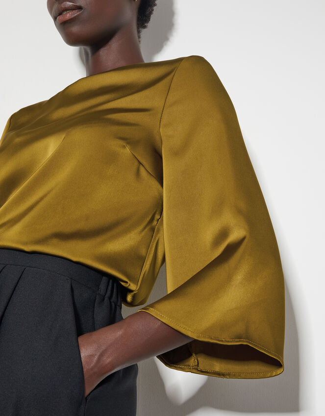 Ingrid Bell Sleeve Satin Top, Green (OLIVE), large