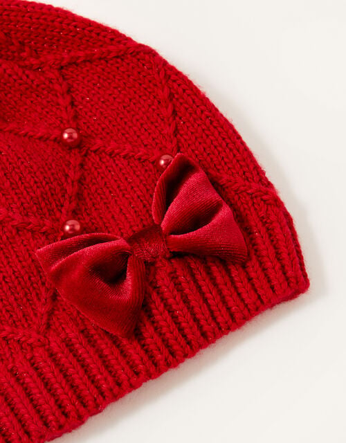 Ruby Pearl and Bow Beanie, Red (RED), large