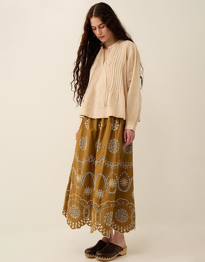 East Leni Floral Broderie Cotton Poplin Skirt, Green (OLIVE), large
